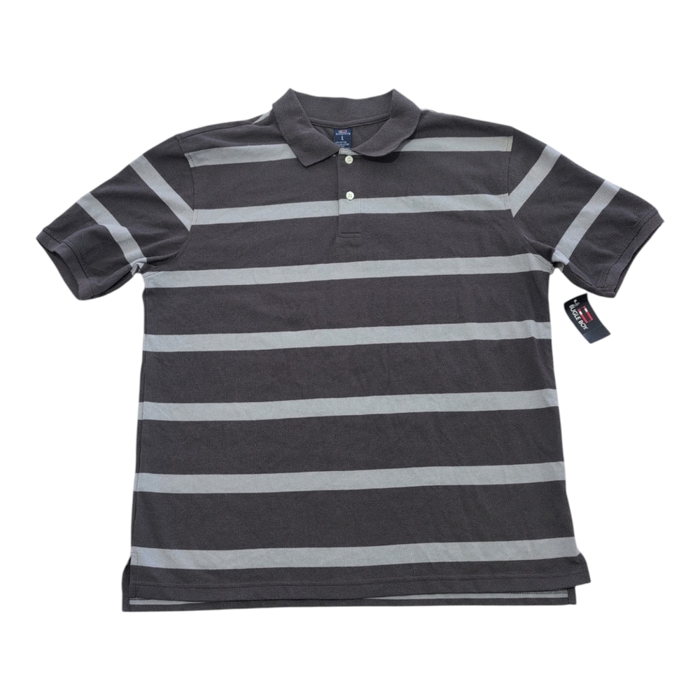 Bugle Boy Polo L Grey Striped Collared Short Sleeve